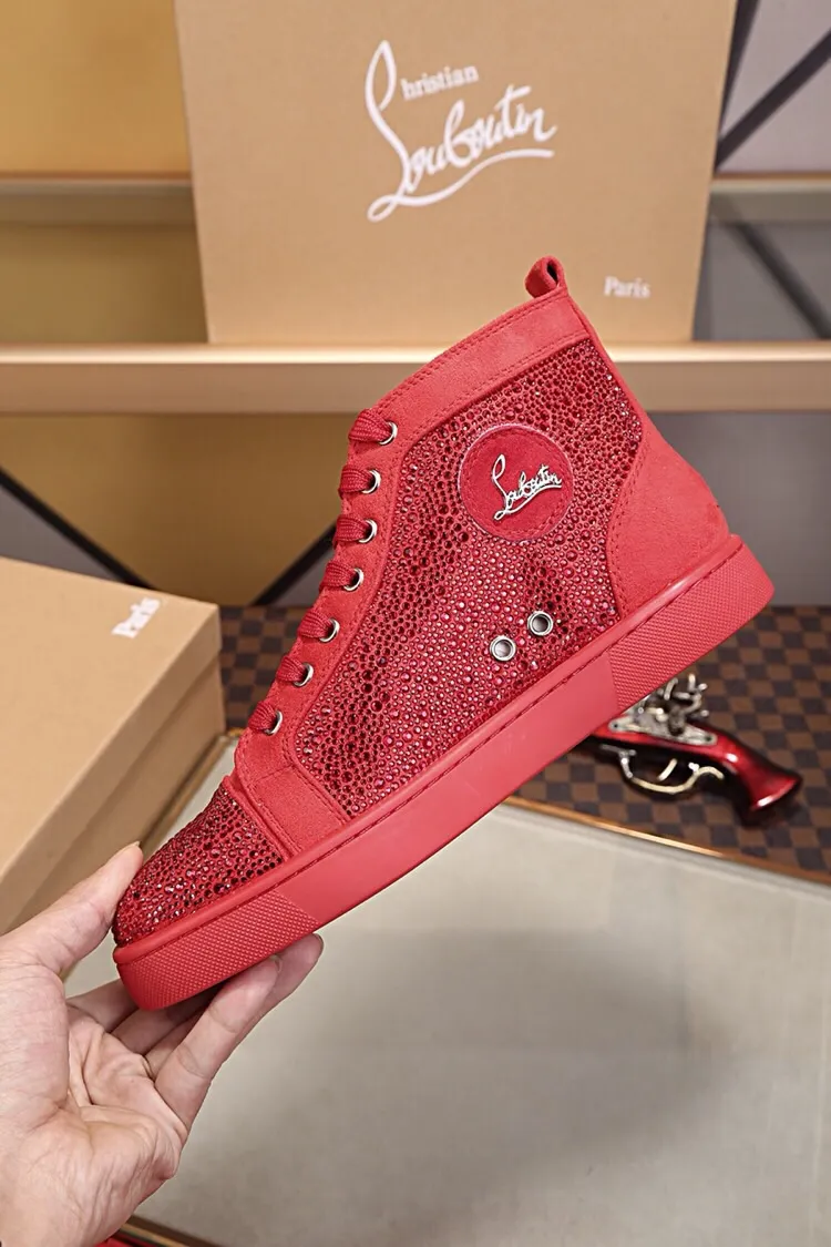 Ex-factory price 480. christian louboutin (CL red sole shoes) counter hot diamond series, high-top casual sneakers for couples 📢 📢 📢 Exclusive hot style release 🎈🎈💪 Movable latex feet 👻 Finished outsole sewing line [satisfied] 😝Female 35-40# Male 38#-46, global supply😝 [Top version]: original imported cowhide upper, top original leather lining, original molded TPU outsole, original 1:1 detail processing, original shoe last, large quantity available from stock,